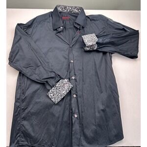 Marcello Sport Mens Large Black Paisley Flip Cuff Button Shirt Long Sleeve READ*